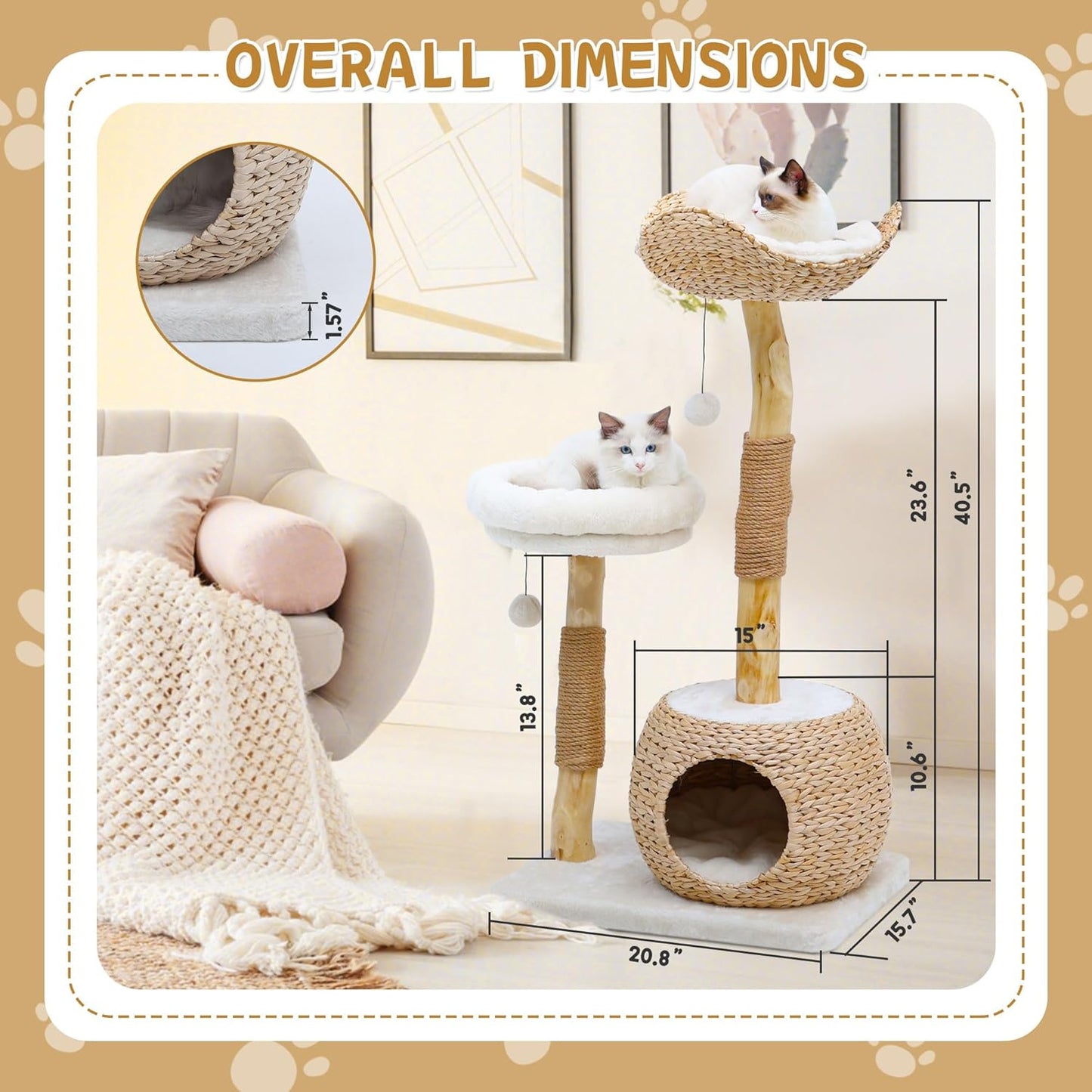 Modern Cat Tree Tower with Jumping Platforms, Baskets - 40" Cat Scratching Posts