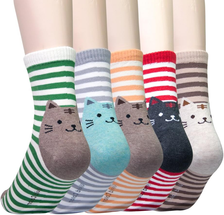 5 Pack Women'S Cute Animal Socks Cotton Cat Dog Duck Patterned Novelty Fun Crew Socks Gift Size 6-9