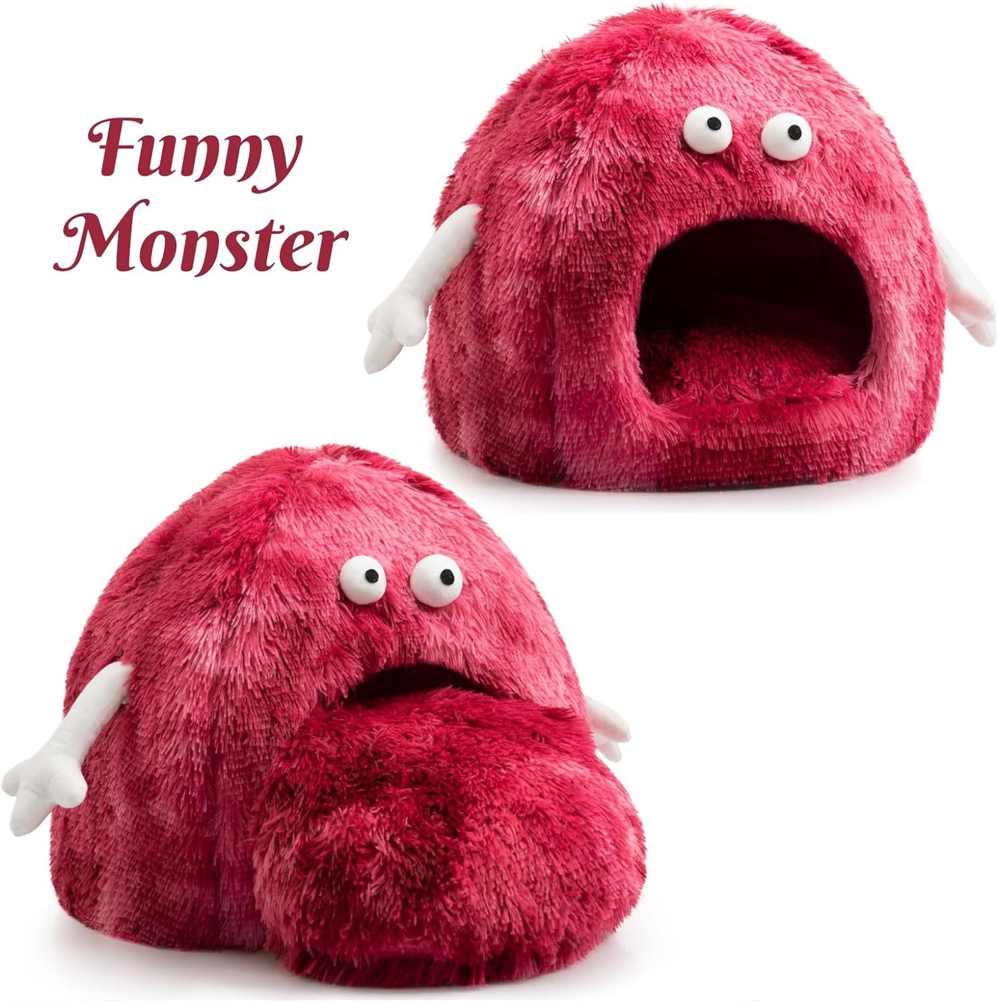 "Cozy Cat Cave Bed with Washable Cushion - Perfect for Kittens and Small Pets! Red Monster Design"