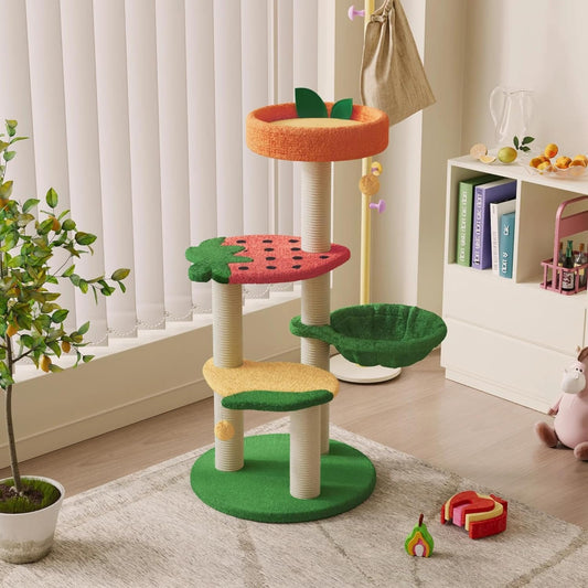 Cute Cat Tree - Fruit World Cat Tower for Indoor Cats, 40.5" Cat Tree with Sisal Scratching Posts, Plush Strawberry Perches, Cozy Basket Kitten Cat Tree Tower Activity Center