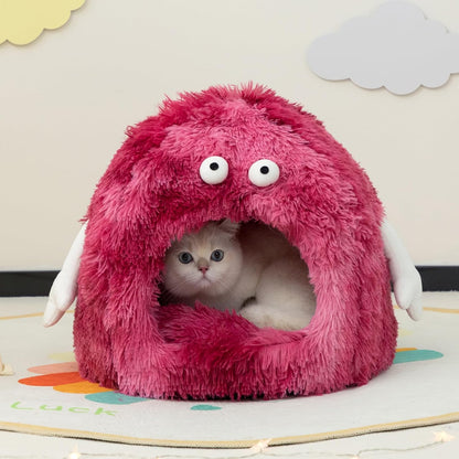 "Cozy Cat Cave Bed with Washable Cushion - Perfect for Kittens and Small Pets! Red Monster Design"