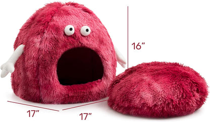 "Cozy Cat Cave Bed with Washable Cushion - Perfect for Kittens and Small Pets! Red Monster Design"